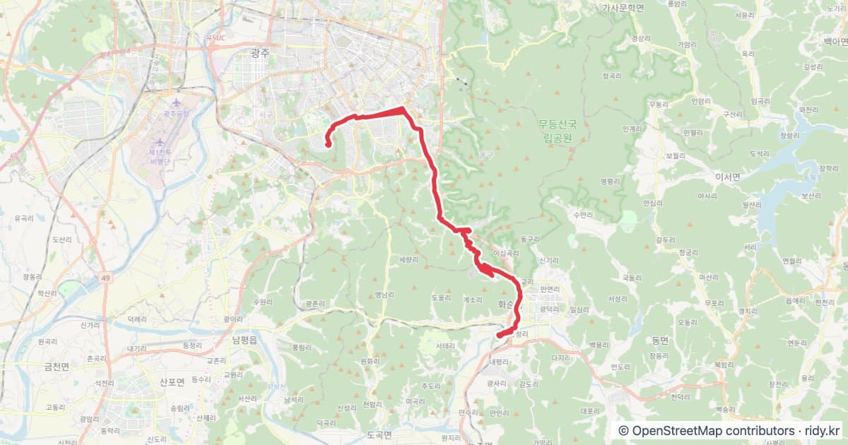 광주 라이딩 코스 · 풍암-너릿재-화순천 왕복42km 자전거 코스 지도 미리보기 - 42.0km, 상승고도 1,135m