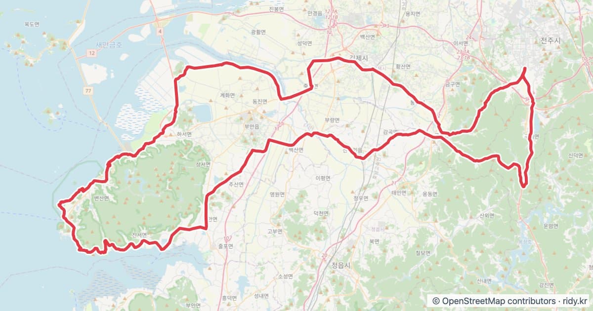전북 자전거 코스 추천 · 전주-변산반도-전주(194km) 자전거 코스 지도 미리보기 - 194.2km, 상승고도 746m