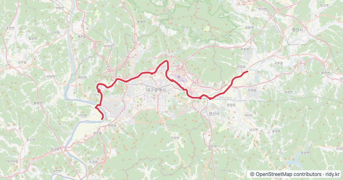 대구 자전거 코스 추천 · 사문진교-하양교 자전거 코스 지도 미리보기 - 57.2km, 상승고도 108m