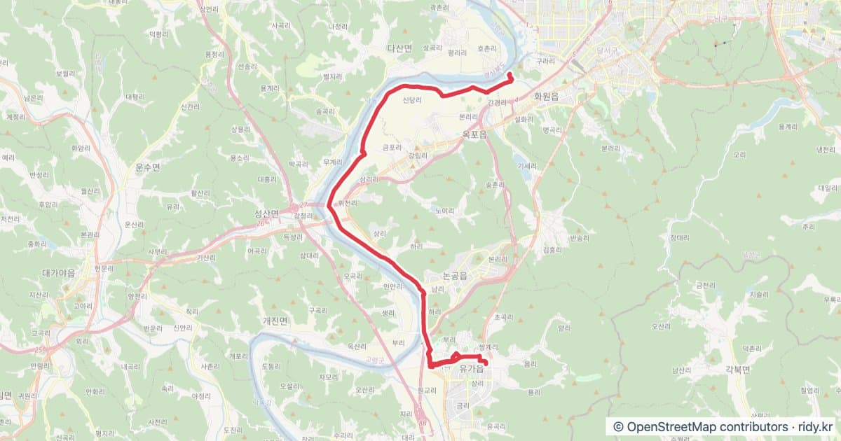 대구 라이딩 코스 · 사문진 & 호반 자전거 코스 지도 미리보기 - 49.3km, 상승고도 78m
