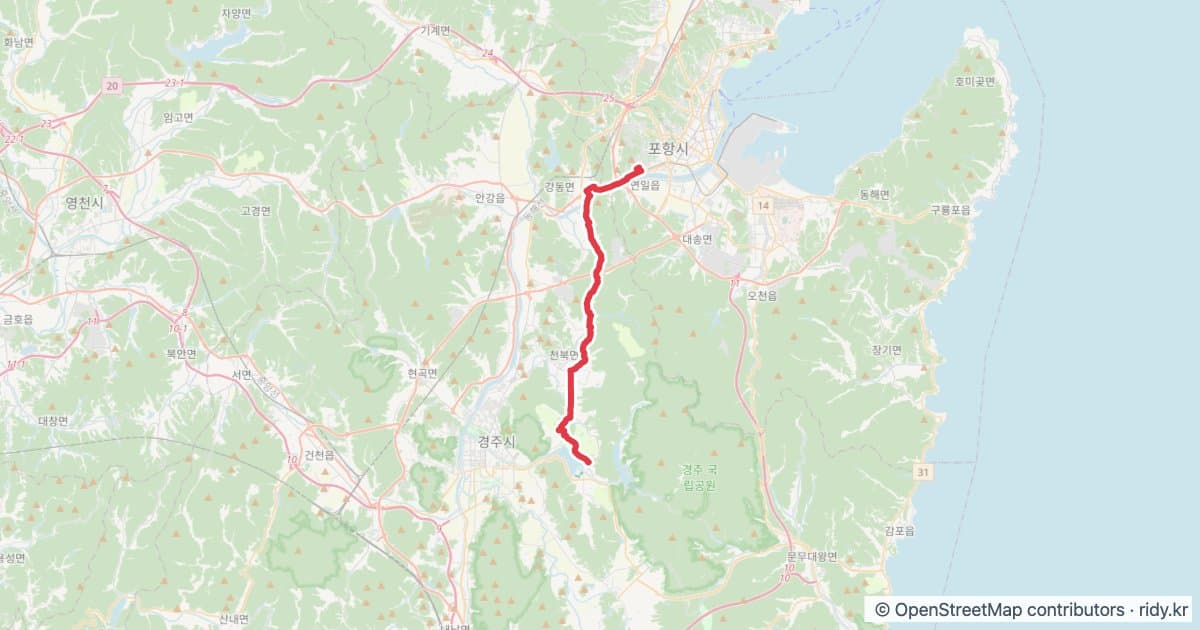 경북 자전거 코스 추천 · 유강->경주 보문단지 맥도날드 자전거 코스 지도 미리보기 - 24.7km, 상승고도 160m