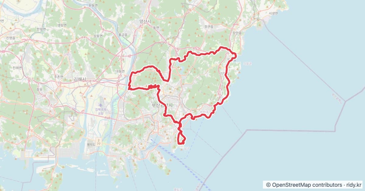 부산 라이딩 코스 · 해운대-이기대-황령산-만덕고개-화명-금정산성-동래베네-기장-달맞이-해운대 자전거 코스 지도 미리보기 - 100.2km, 상승고도 1,566m