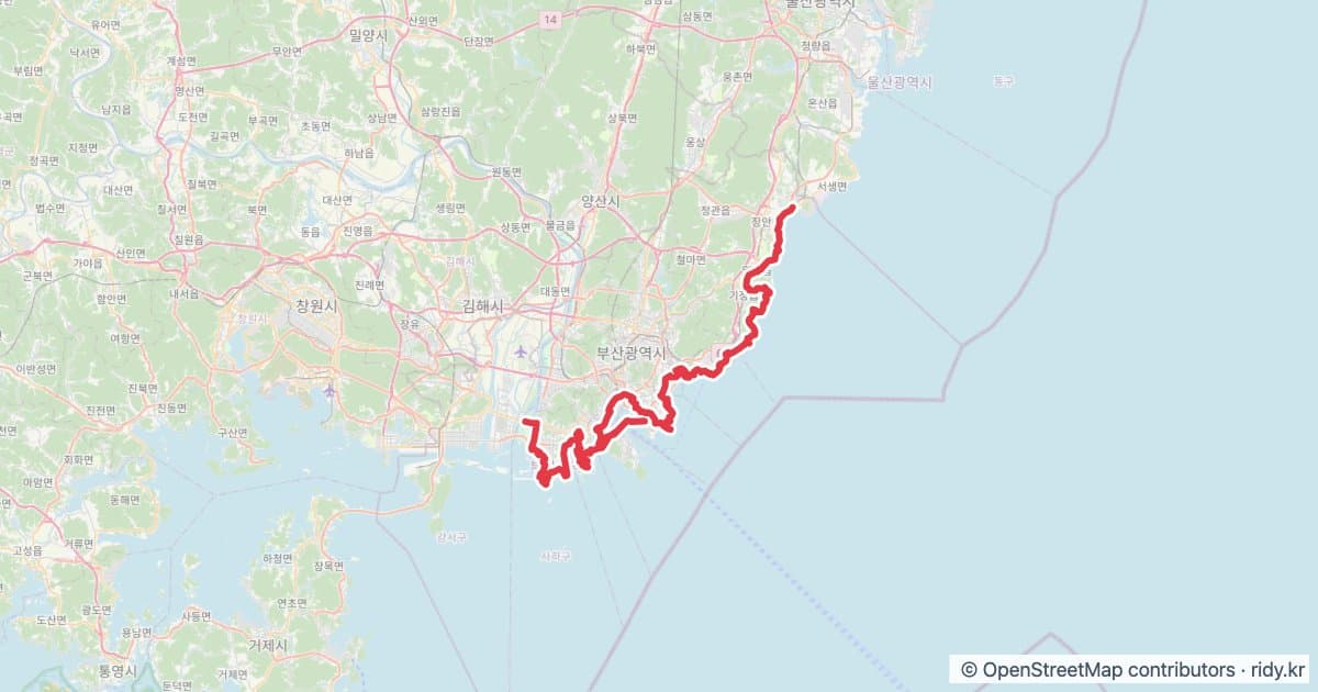 부산 자전거 코스 추천 · 해안도로 코스(월래역-을숙도) 자전거 코스 지도 미리보기 - 125.5km, 상승고도 1,180m