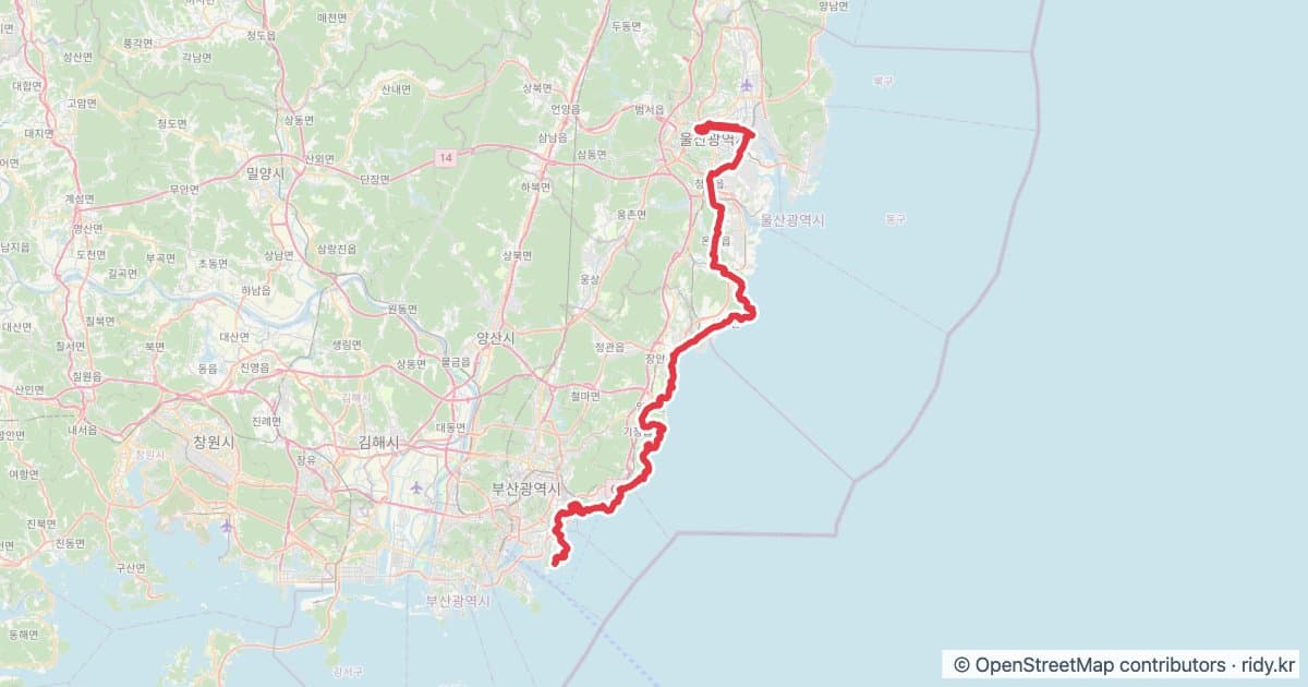 부산 백운포 - 울산 태화강역 (해안선 타기) 라이딩 루트 · 울산 자전거 코스 지도 미리보기 - 108.8km, 상승고도 565m