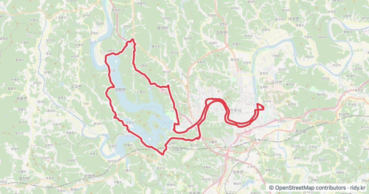 진주 남강순환 63K 라이딩 루트 · 경남 자전거 코스 지도 미리보기 - 63.4km, 상승고도 143m