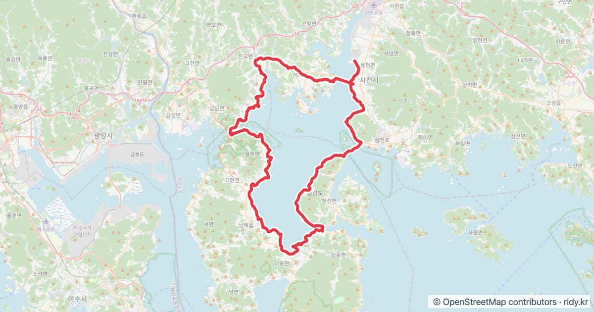 경남 자전거 코스 추천 · 사천-남해 한바퀴 자전거 코스 지도 미리보기 - 103.8km, 상승고도 310m