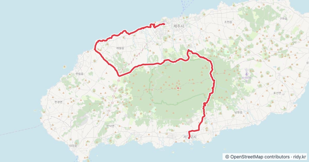 제주 자전거 코스 추천 · 1100고지 애월경유 자전거 코스 지도 미리보기 - 88.5km, 상승고도 1,090m