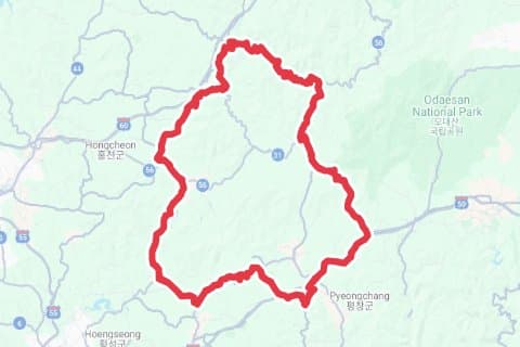 상남-운두령-태기산-행치령-상남 자전거 코스 지도 미리보기 - 158.6km, 상승고도 1,856m