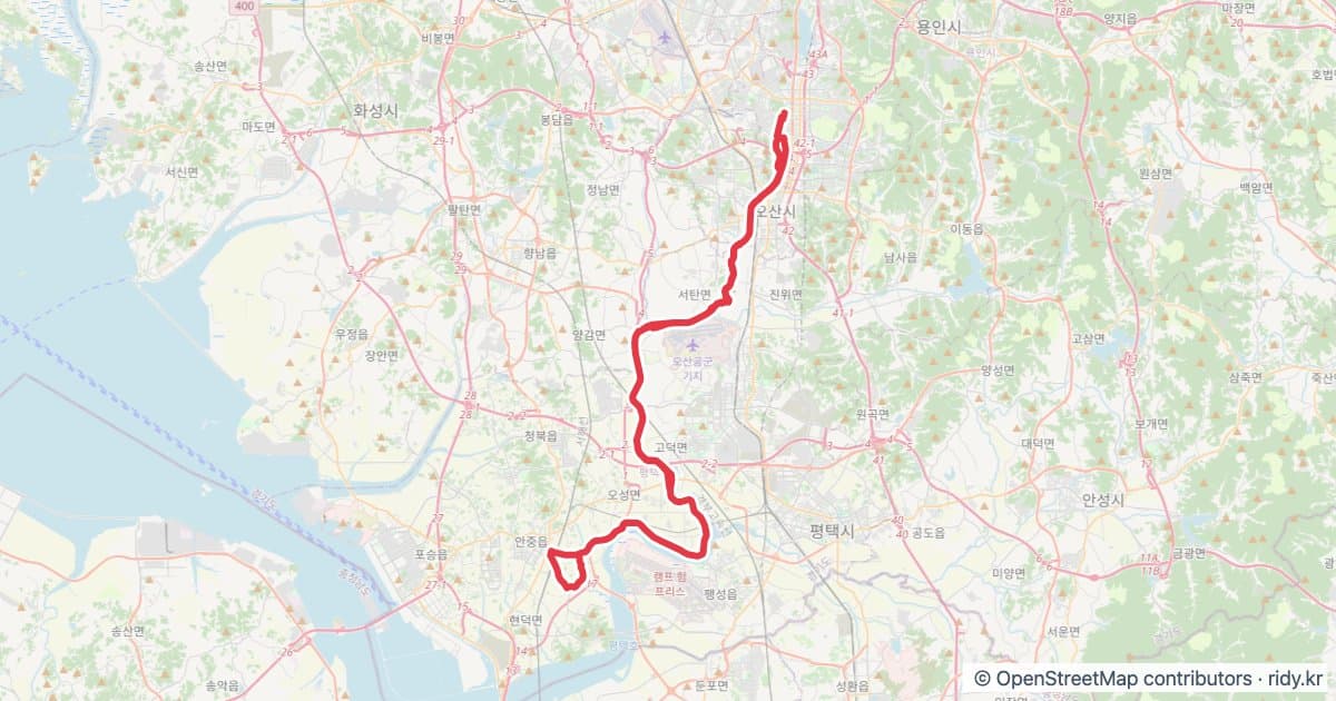 동탄-평택 88km 자전거 코스 지도 미리보기 - 88.3km, 상승고도 432m