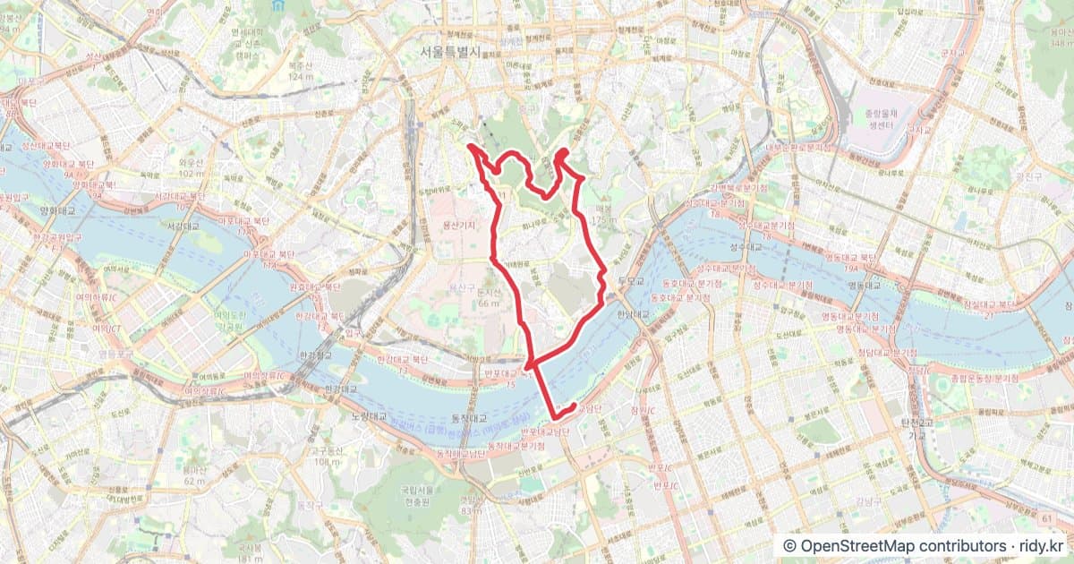 서울 반포GS-남산 자전거 코스 지도 미리보기 - 15.1km, 상승고도 324m