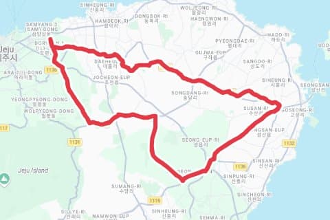 제주-동쪽산간(절물, 녹산로, 중산간동로) 자전거 코스 지도 미리보기 - 78.0km, 상승고도 1,085m