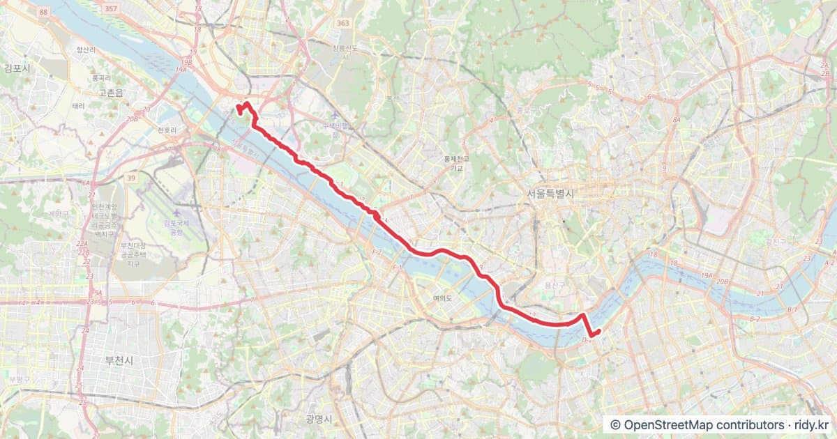 서울 반포GS-행주산성 자전거 코스 지도 미리보기 - 44.4km, 상승고도 131m