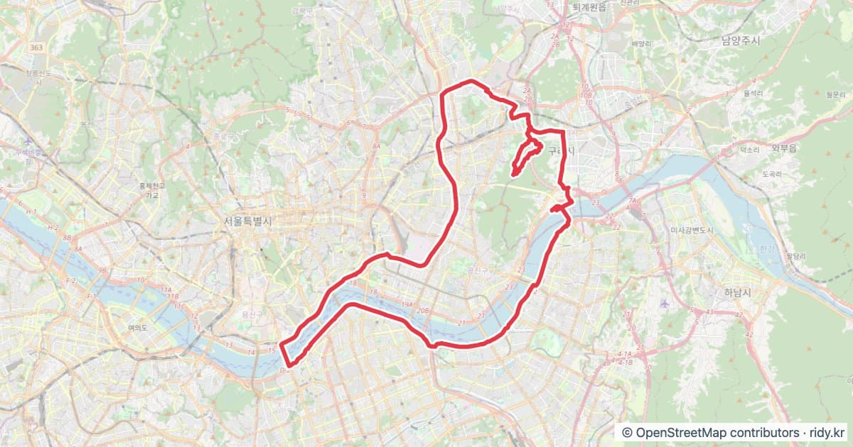 서울 반포GS-망우산 코스 자전거 코스 지도 미리보기 - 52.7km, 상승고도 453m