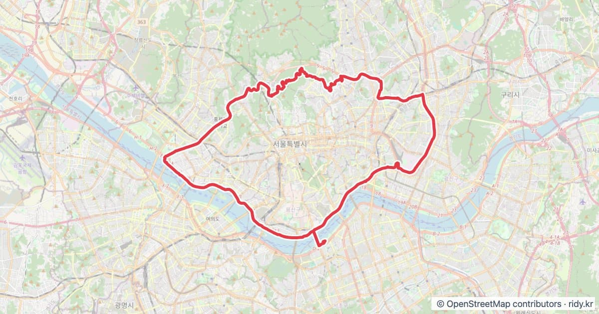 서울 반포GS-홍제천-북악-중랑천 자전거 코스 지도 미리보기 - 53.1km, 상승고도 552m