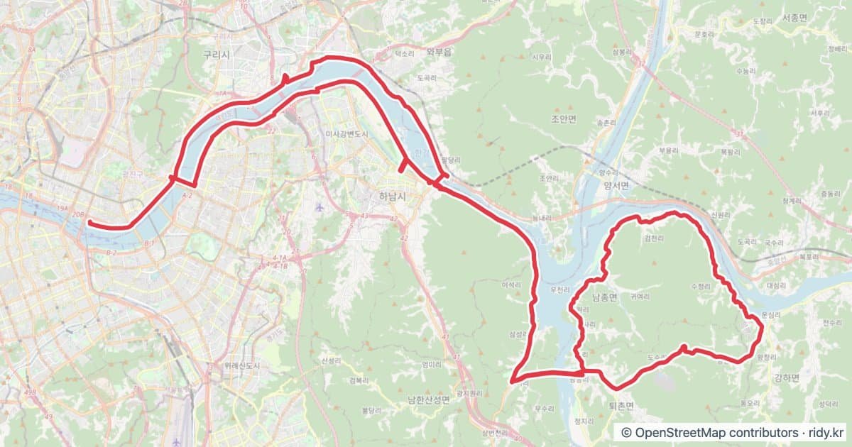 서울 뚝섬유원지-분원리 자전거 코스 지도 미리보기 - 102.4km, 상승고도 994m