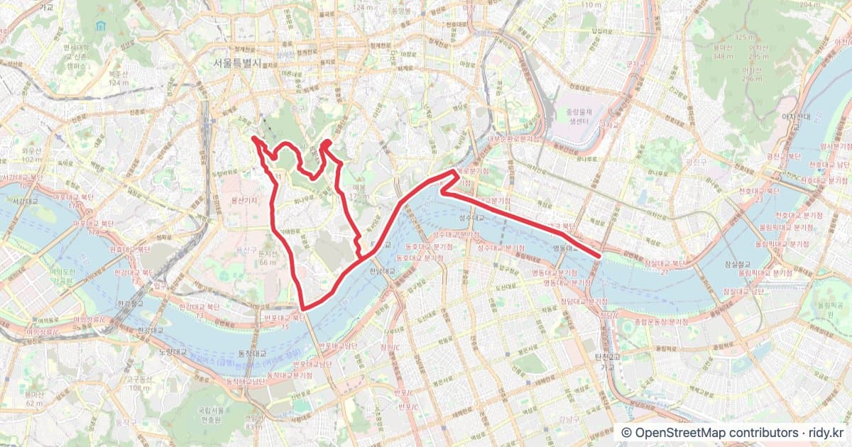 서울 뚝섬유원지-남산 자전거 코스 지도 미리보기 - 26.0km, 상승고도 322m