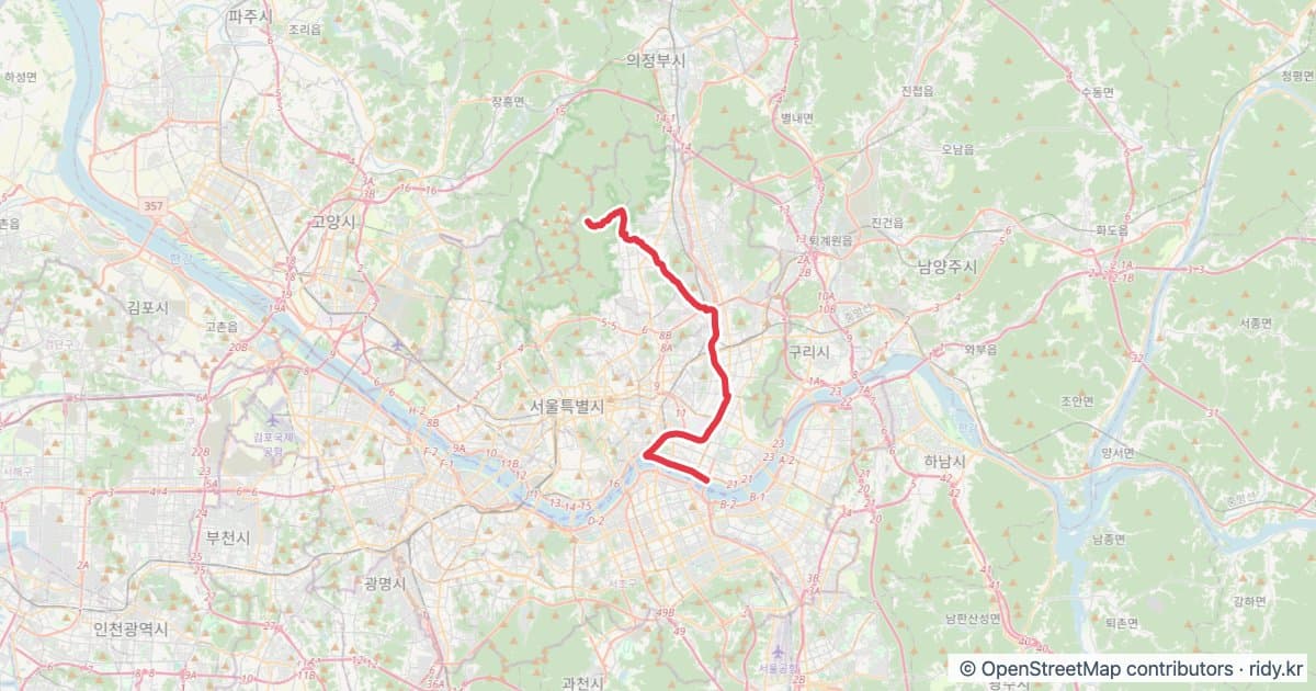 서울 뚝섬유원지-도선사 자전거 코스 지도 미리보기 - 26.1km, 상승고도 408m