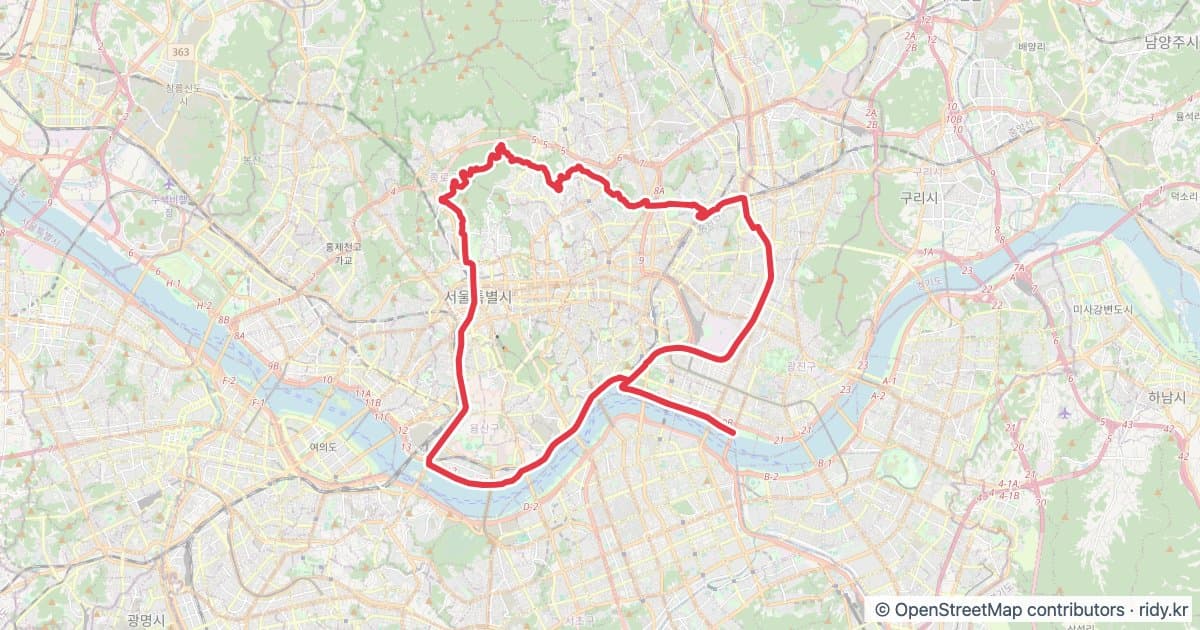 서울 뚝섬유원지-북악 아리랑 자전거 코스 지도 미리보기 - 47.7km, 상승고도 475m