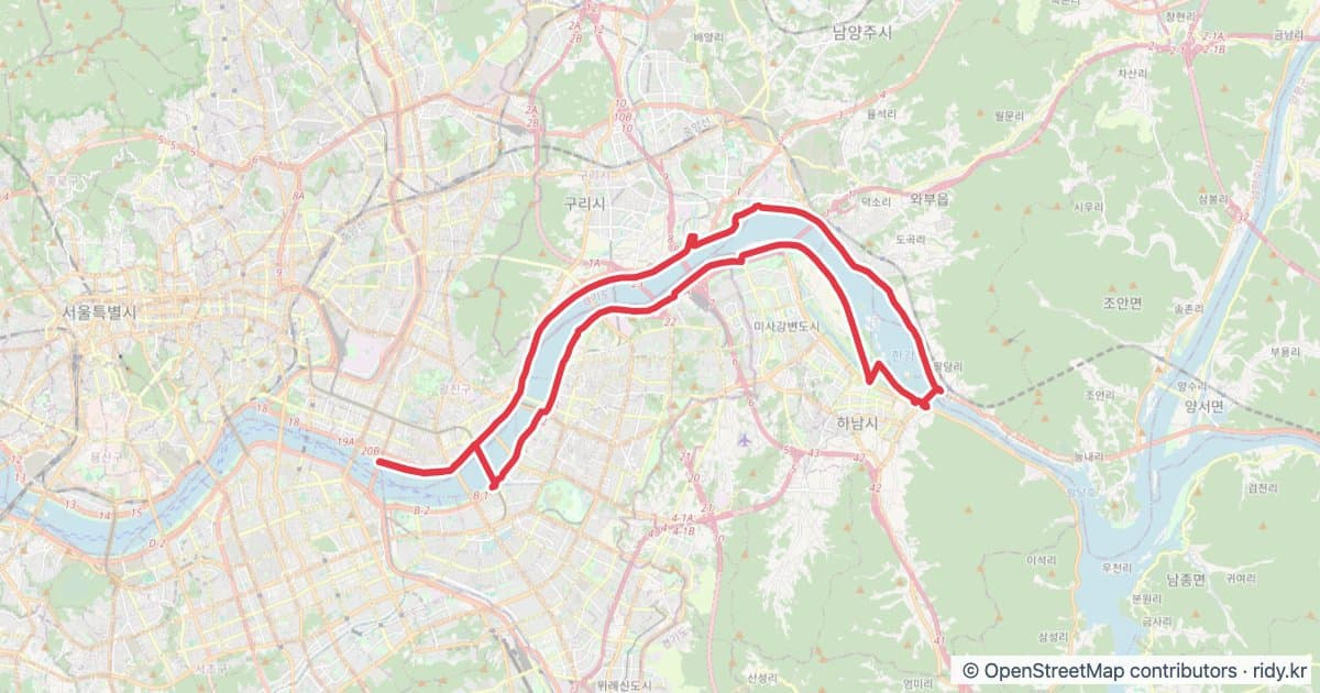 서울 뚝섬유원지-팔당대교 자전거 코스 지도 미리보기 - 46.2km, 상승고도 234m