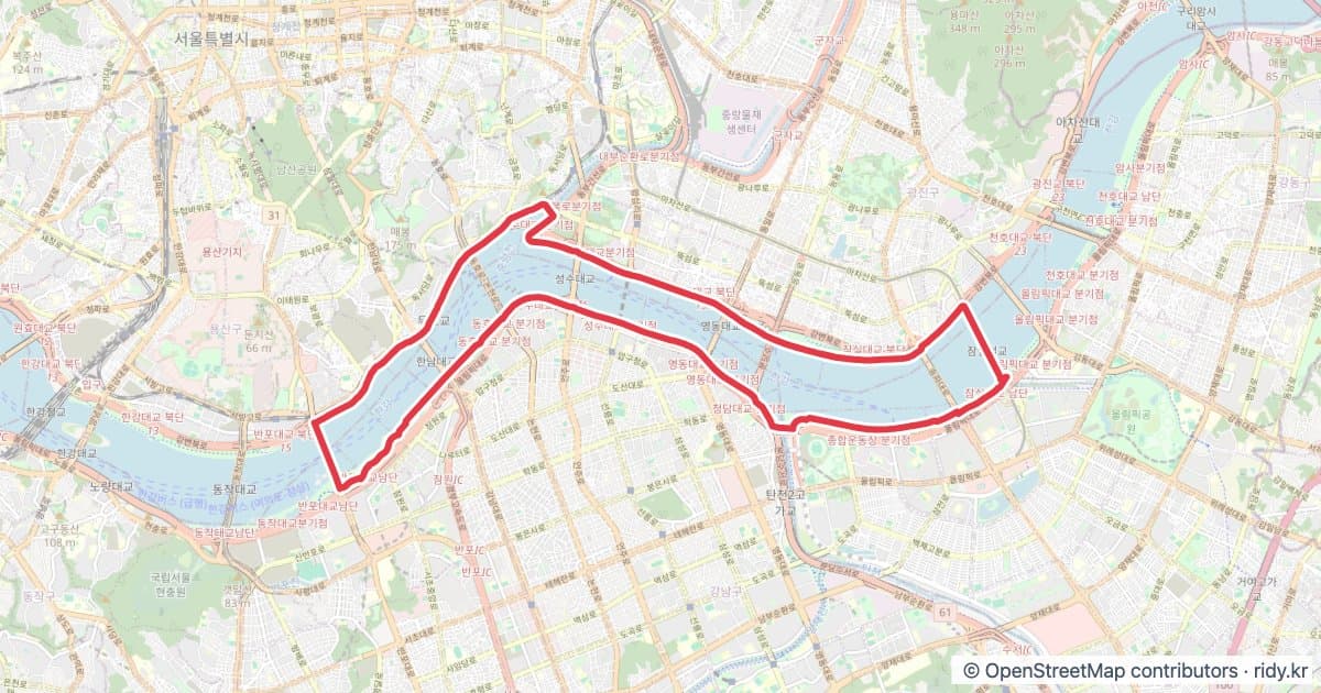 서울 반포GS-잠실철교 자전거 코스 지도 미리보기 - 25.4km, 상승고도 71m