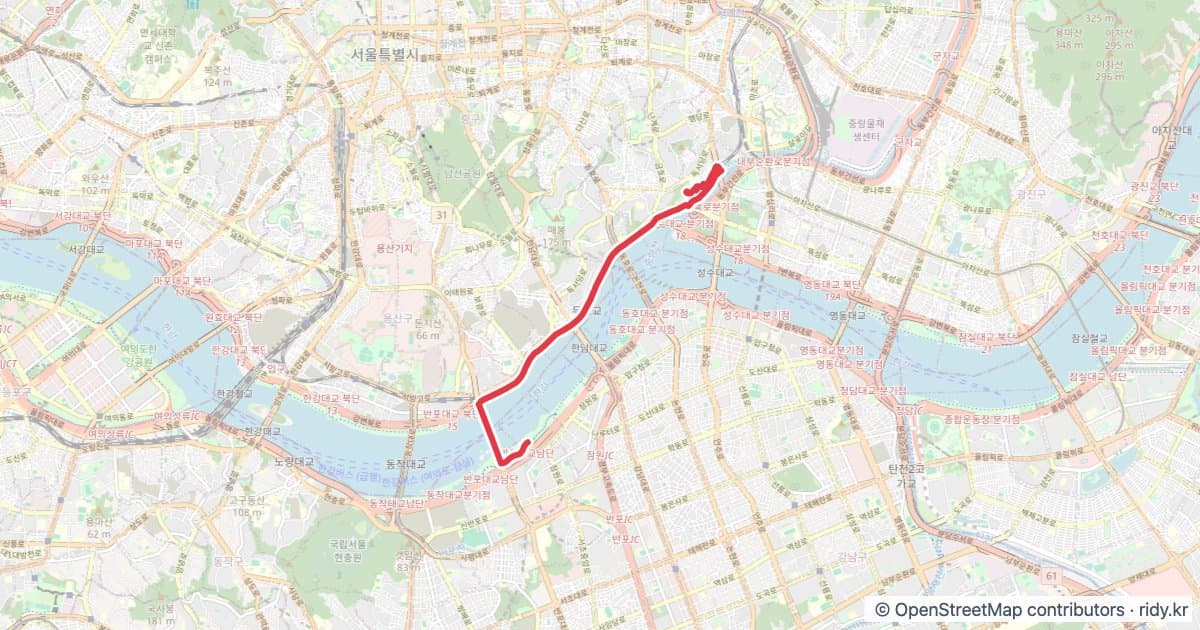 서울 반포GS-응봉산 업힐 자전거 코스 지도 미리보기 - 15.4km, 상승고도 131m