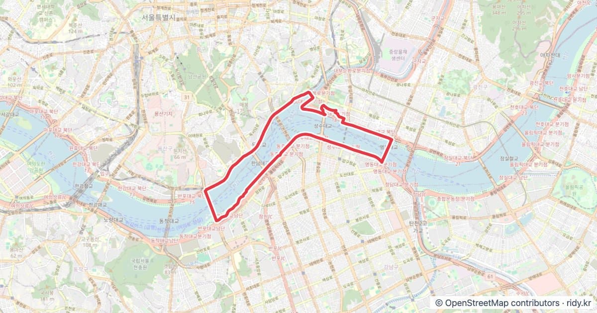 서울 반포GS-서울숲 코스 자전거 코스 지도 미리보기 - 17.0km, 상승고도 86m