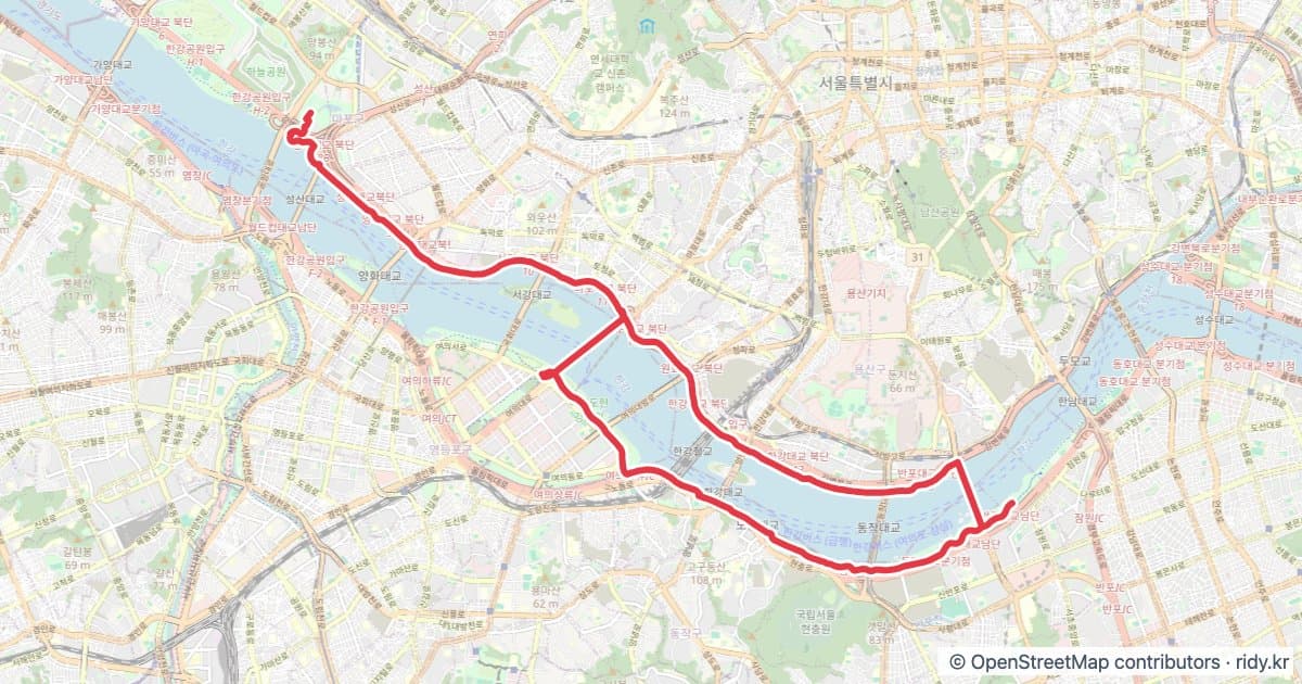 서울 반포GS-하늘공원 자전거 코스 지도 미리보기 - 30.4km, 상승고도 283m