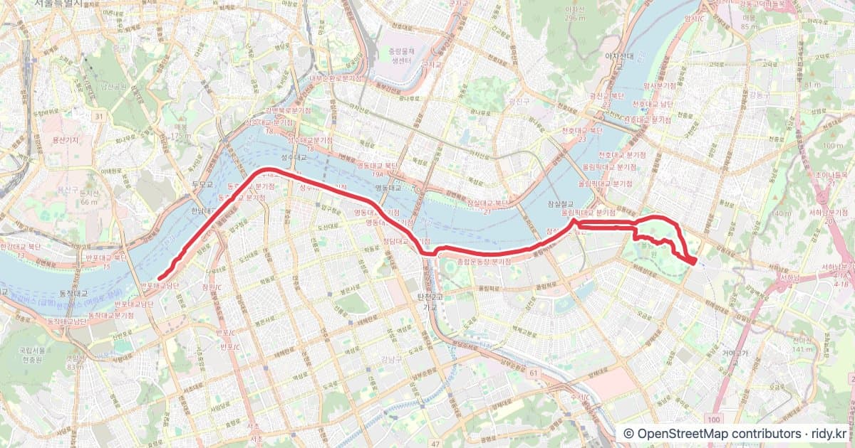 서울 반포GS-올림픽공원 자전거 코스 지도 미리보기 - 28.0km, 상승고도 186m