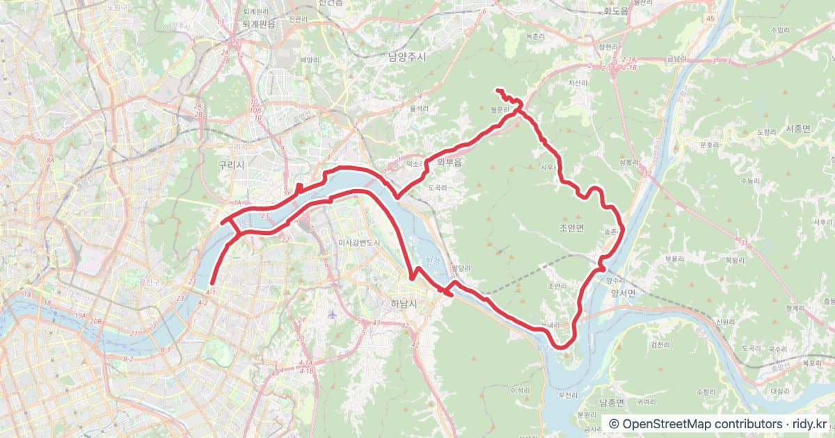 광나루-묘적사계곡 왕복 자전거 코스 · 63km 자전거 코스 지도 미리보기 - 62.9km, 상승고도 359m