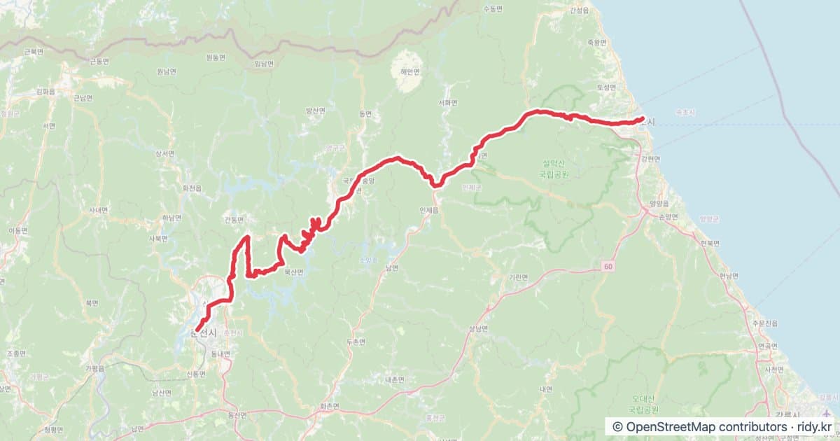 강원 라이딩 코스 · 춘천-속초 어렵게가기-C 자전거 코스 지도 미리보기 - 150.0km, 상승고도 2,503m