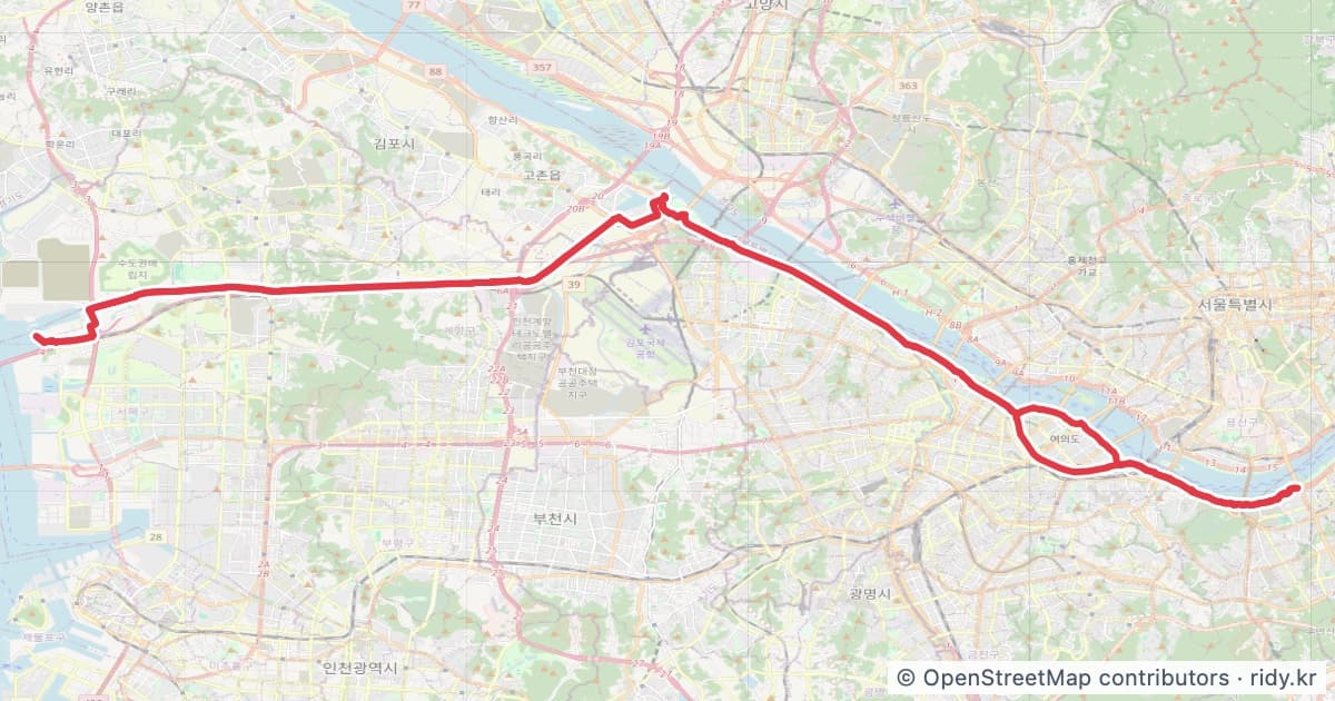 정서진-잠수교 자전거 코스 지도 미리보기 - 85.9km, 상승고도 653m