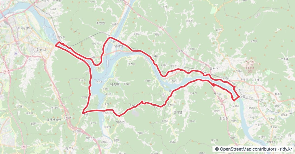 경기 자전거 코스 추천 · 팔당-양평-분원리-팔당 자전거 코스 지도 미리보기 - 67.9km, 상승고도 357m