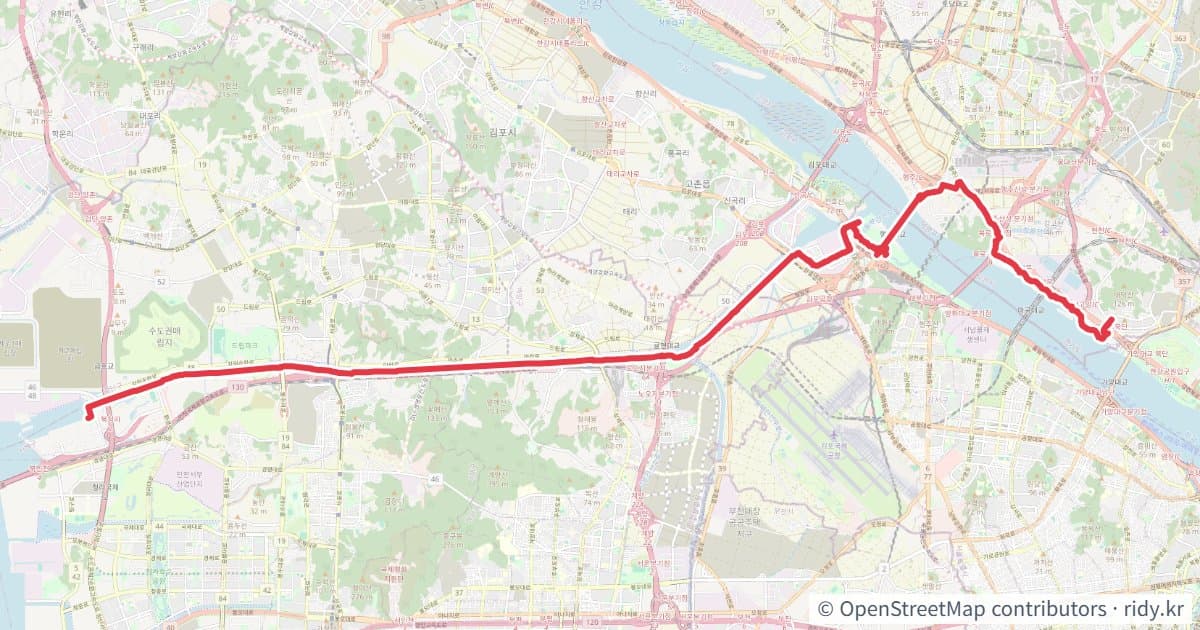 정서진 자전거 코스 지도 미리보기 - 55.8km, 상승고도 251m