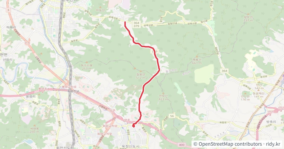 옥정 업힐 왕복 자전거 코스 지도 미리보기 - 14.7km, 상승고도 272m