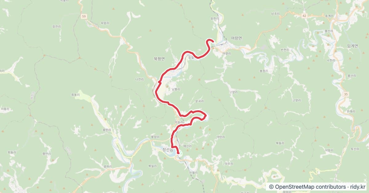 2026 정선 동강 메디오폰도 자전거 코스 지도 미리보기 - 46.7km, 상승고도 376m