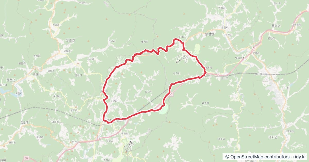 태기산 짧게 자전거 코스 지도 미리보기 - 40.7km, 상승고도 1,079m