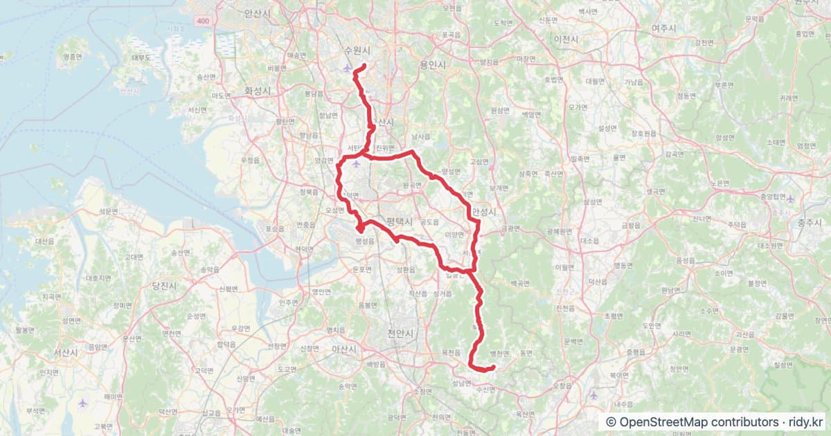 천안 왕복 버전2(겁쟁이페달) 자전거 코스 지도 미리보기 - 175.5km, 상승고도 1,306m