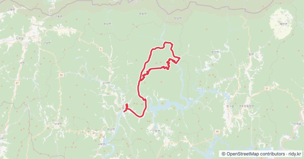 화천 DMZ 랠리 자전거 코스 지도 미리보기 - 74.9km, 상승고도 1,229m