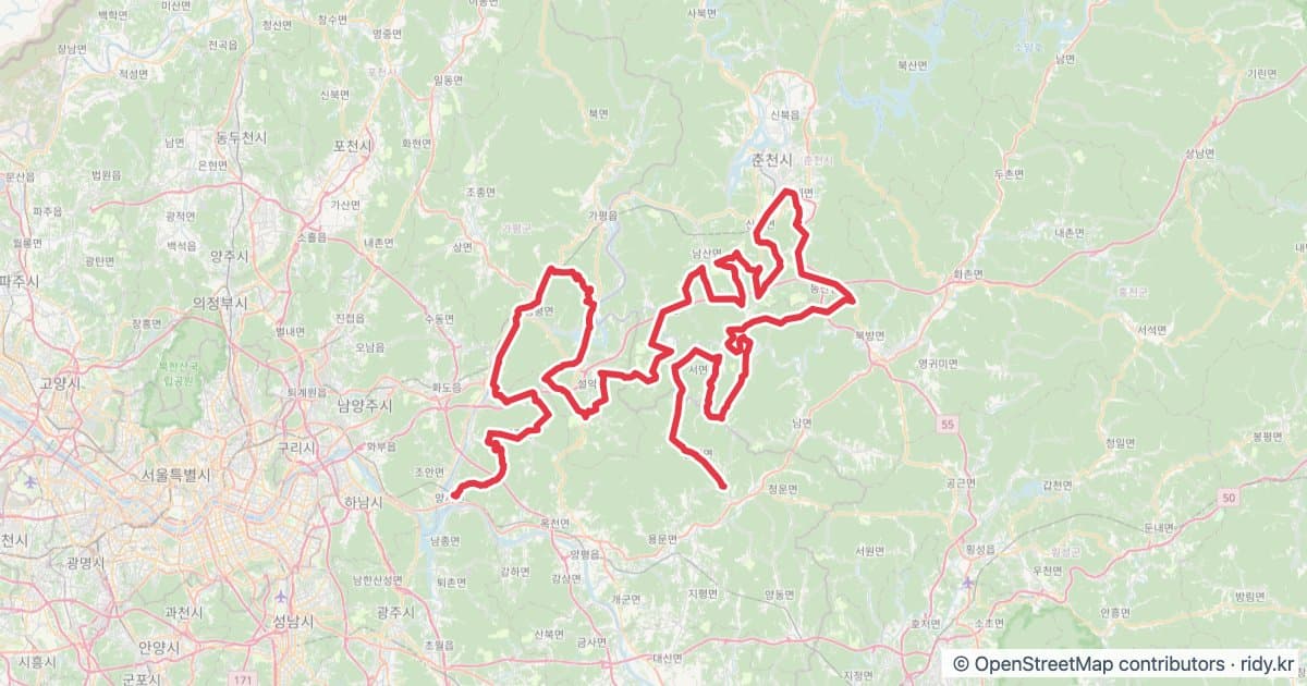 PT-200 동부55고개 자전거 코스 지도 미리보기 - 257.9km, 상승고도 5,712m