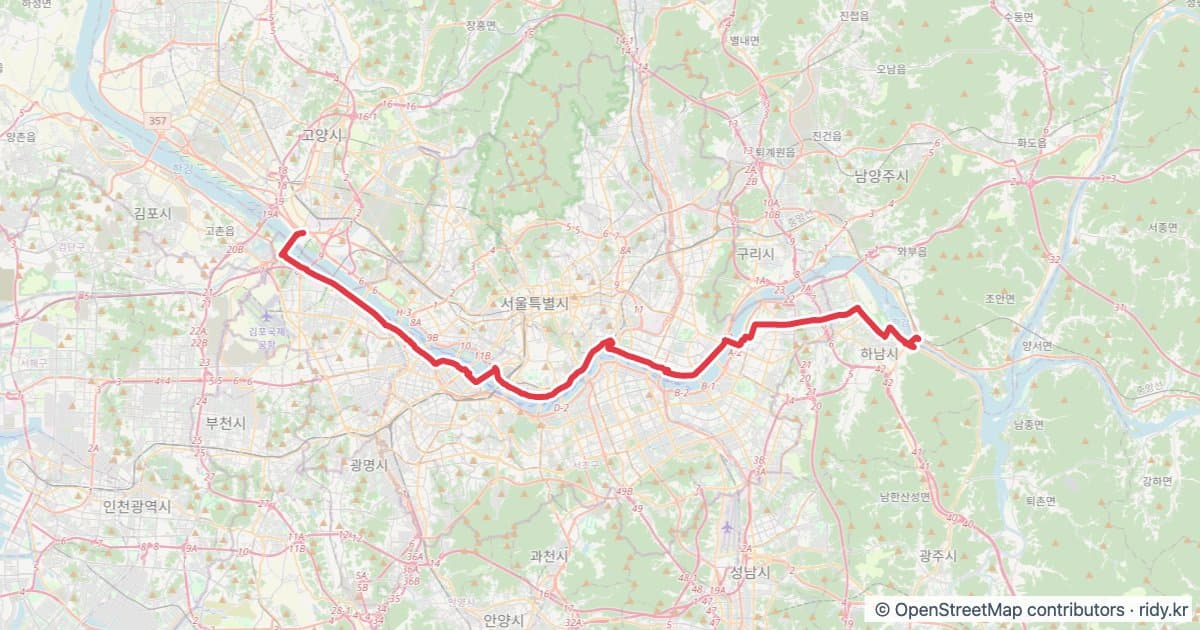 한강종주자전거길 - 서울구간 (행주대교 → 팔당대교) 자전거 코스 지도 미리보기 - 53.6km, 상승고도 491m