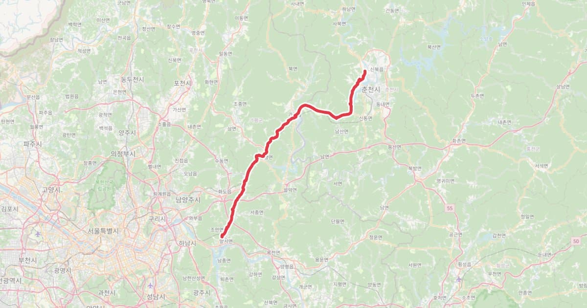 서울-춘천 북한강자전거길 GPX · 밝은광장-신매대교 70km 자전거 코스 지도 미리보기 - 70.5km, 상승고도 398m