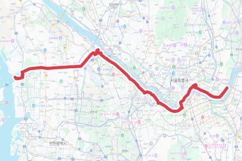 광진구-아라서해갑문인증센터 자전거 코스 지도 미리보기 - 58.1km, 상승고도 86m