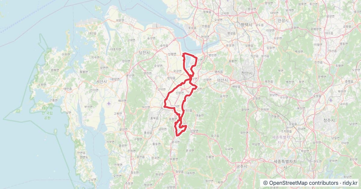 충남 라이딩 코스 · 도고온천~삽교천~예당호~도고 자전거 코스 지도 미리보기 - 105.9km, 상승고도 312m