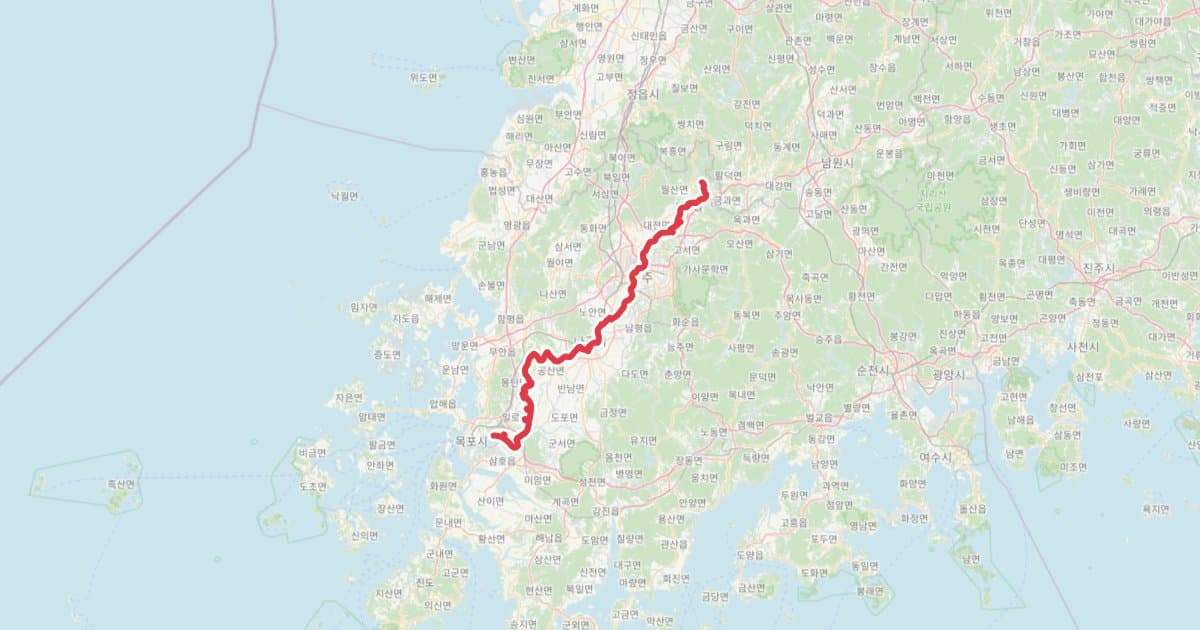 영산강자전거길 국토종주 GPX (담양댐~영산강하구둑) 자전거 코스 지도 미리보기 - 127.9km, 상승고도 214m