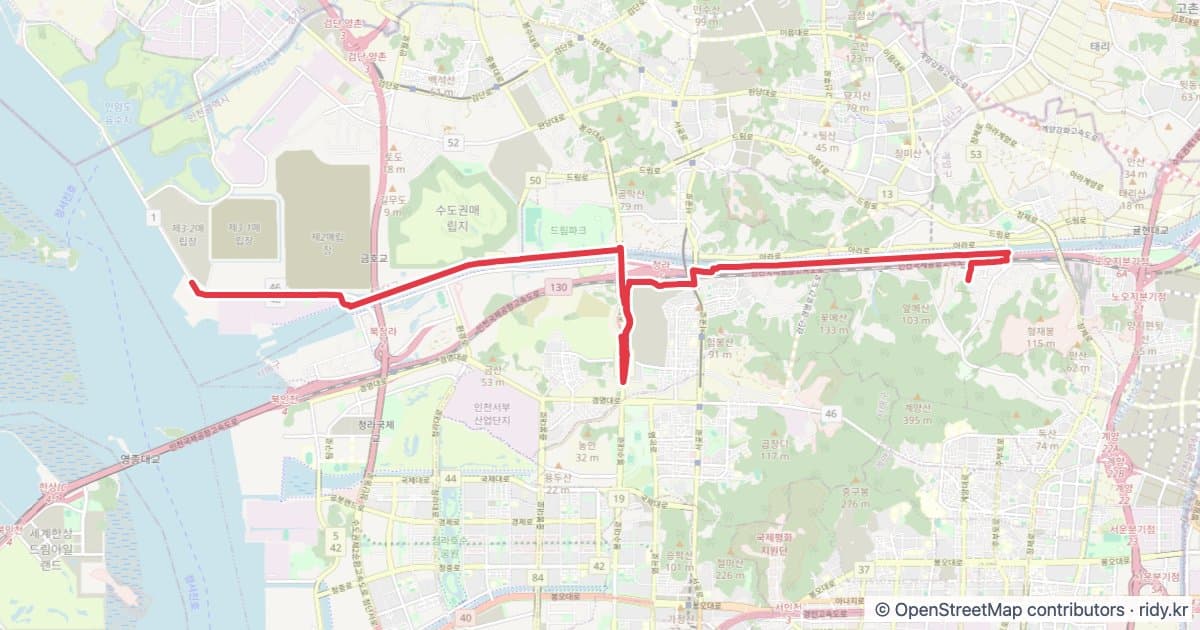 아라자전거길 (인천 아라서해갑문 → 한강합류점) 자전거 코스 지도 미리보기 - 18.1km, 상승고도 106m