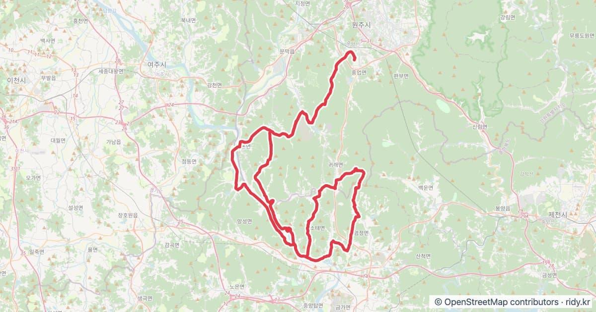 2026 행복 원주 그란폰도 자전거 코스 지도 미리보기 - 125.1km, 상승고도 1,702m