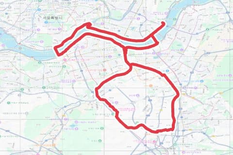 둔전-양재-한남-버터버거-잠철-탄천-둔전 자전거 코스 지도 미리보기 - 60.9km, 상승고도 587m