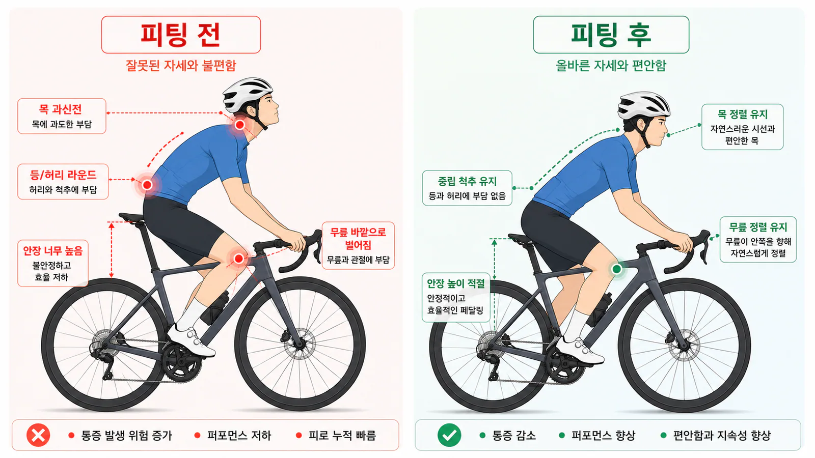 피팅 전과 후의 자세 비교 — 목·허리·무릎 통증 포인트와 개선