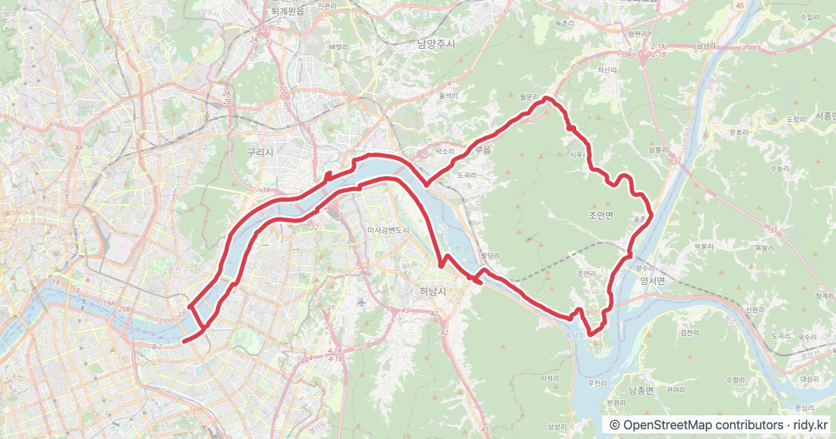 잠실-시우리 순환 자전거 코스 · 66km 자전거 코스 지도