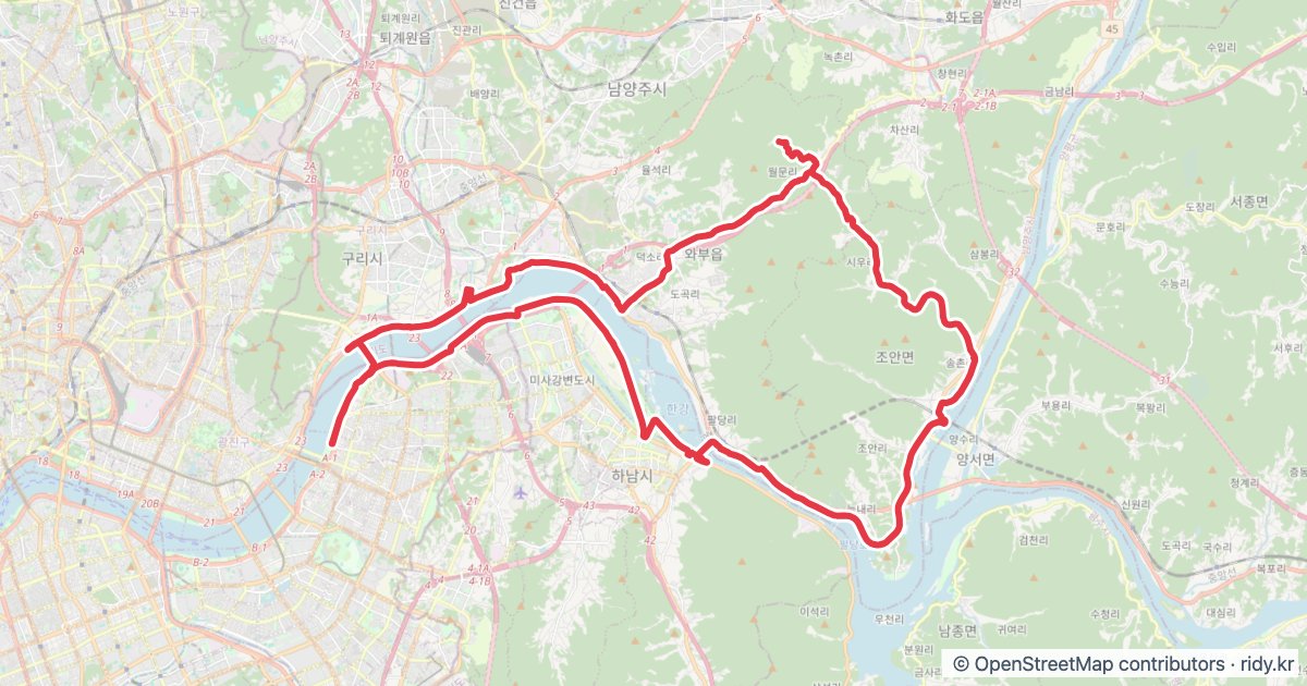 광나루-묘적사계곡 왕복 자전거 코스 · 63km 자전거 코스 지도
